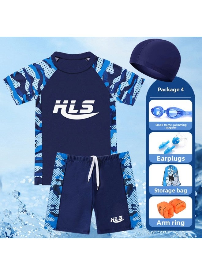Loquat Children's Swimming Trunks Boys' Quick-drying Swimming Trunks Beach Teenagers Professional Swimming Trunks Training Middle And Big Children Boxer Shorts-Color:906 Camouflage Blue Six-piece Set (with - Image 1