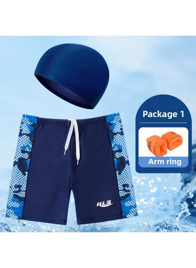 Loquat Children's Swimming Trunks Boys' Quick-drying Swimming Trunks Beach Teenagers Professional Swimming Trunks Training Middle And Big Children Boxer Shorts-Color:906 Camouflage Blue Six-piece Set (with - Image 3