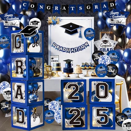 QIYANPAX Navy Blue Graduation Decorations Class of 2025 - Balloons Boxes with Letters 2025 GRAD So Proud of You - Complete Party Supplies for High School & College Celebrations - Image 1
