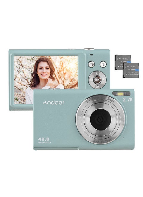 Andoer 2.7K Digital Camera Compact Video Camcorder 48MP Auto Focus 2.88 Inch IPS Screen 16X Zoom Anti-shake Face Detact Smile Capture Built-in LED Fill Light with Carry Bag Wrist Strap 2pcs Batteries