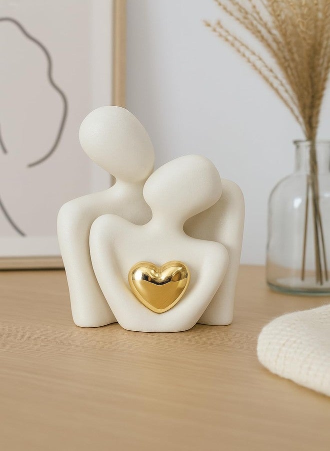 Vendola 8.5 CM Height Ceramic Couple Figurine with Golden Heart - Abstract Romantic Sculpture Showpiece for Home Decor, Home Decoration Items for Living Room, for Couple (White) - Image 1