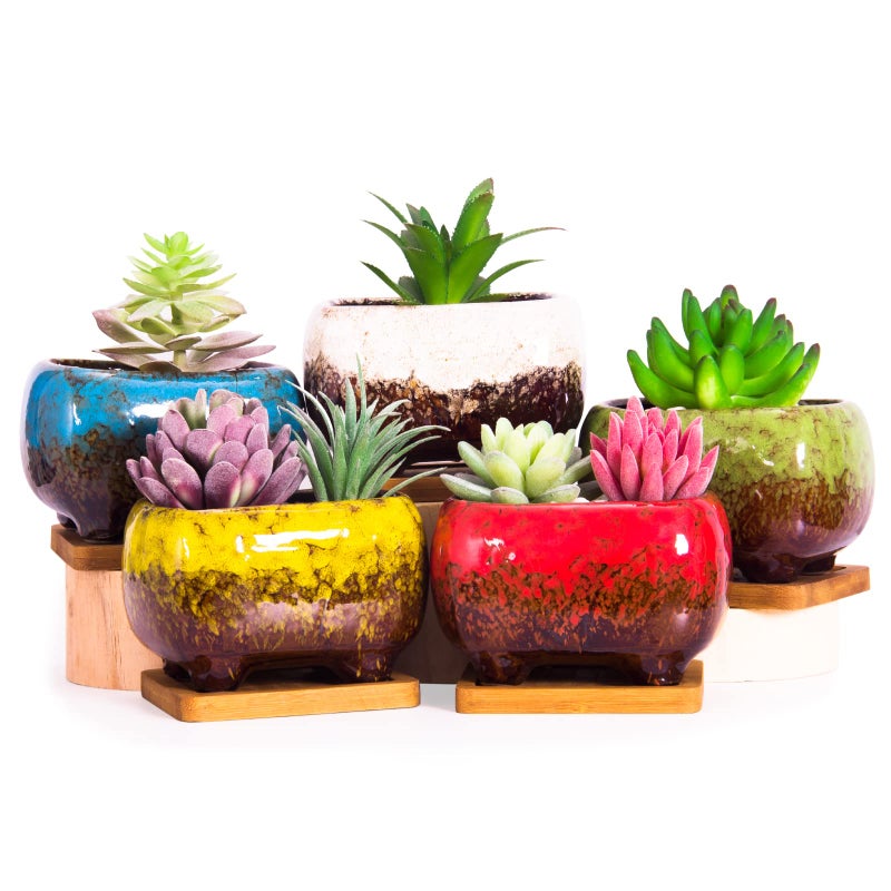 ARTKETTY Succulent Pots - 4.7 Inch Ceramic Succulent Planters Pots with Drainage Set of 5, Rectangular Bonsai Pots with Bamboo Trays Small Pots for Indoor Cactus Flower Plants for Home Office Decor - Image 1