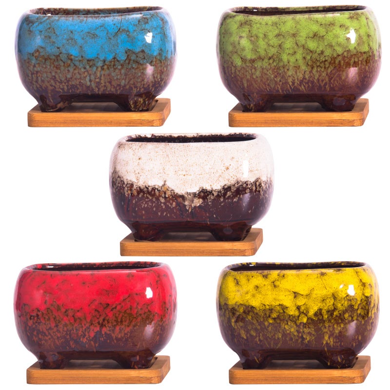 ARTKETTY Succulent Pots - 4.7 Inch Ceramic Succulent Planters Pots with Drainage Set of 5, Rectangular Bonsai Pots with Bamboo Trays Small Pots for Indoor Cactus Flower Plants for Home Office Decor - Image 3