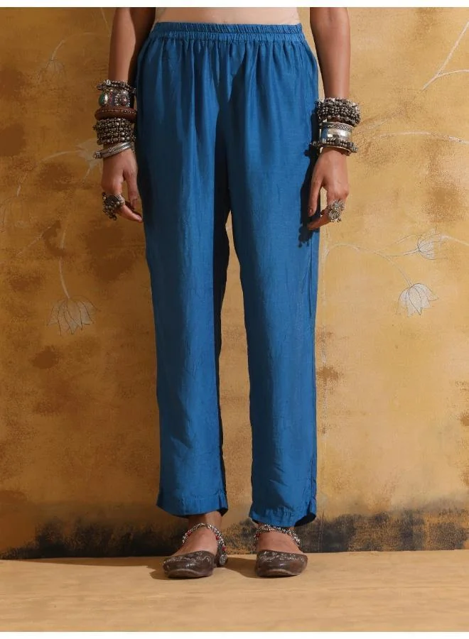 trueBrowns  trueBrowns Blue Floral Print Muslin Silk Flared Kurta Co-ord Set for Women | Best Price UAE