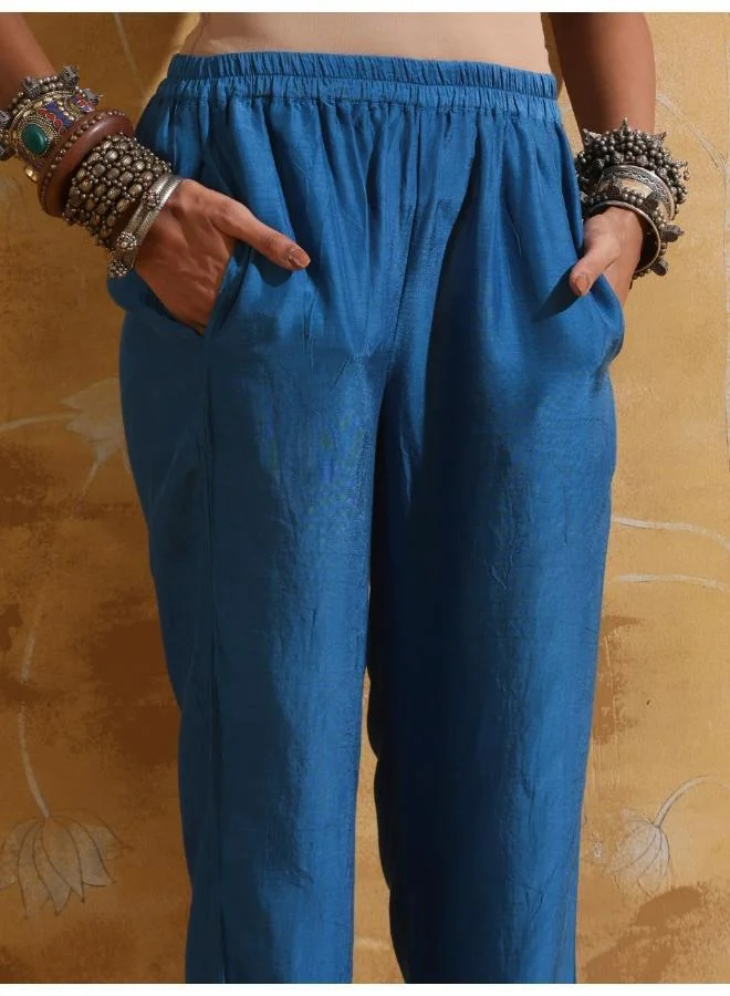 trueBrowns  trueBrowns Blue Floral Print Muslin Silk Flared Kurta Co-ord Set for Women | Best Price UAE