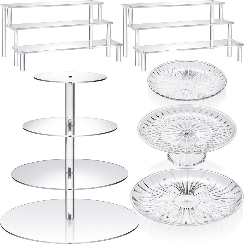 RimCereal 6 Pcs Acrylic Cake Stands Set Include 2 Pcs Display Risers 1 Pcs 4 Tier Cupcake Tower and 3 Clear Round Dessert Trays Cake Table Holder for Wedding Baby Shower Tea Party Decoration (Round) - Image 1
