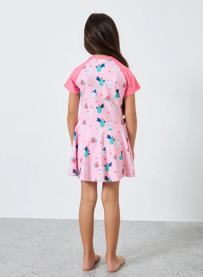 Styli  Styli Girls Pink Bunny Print Swim Dress and Shorts Set for Women | Best Price UAE