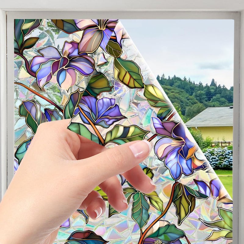 Yeysynana Window Film, Decorative Purple Flowers Stained Static Glass Window Clings Stickers for Home Office Living Room Bedroom Glass Windows Door Decor 16.93 x 39.37 Inches - Image 3