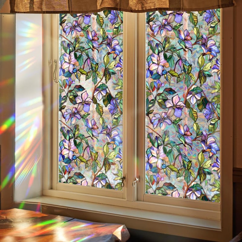 Yeysynana Window Film, Decorative Purple Flowers Stained Static Glass Window Clings Stickers for Home Office Living Room Bedroom Glass Windows Door Decor 16.93 x 39.37 Inches - Image 5