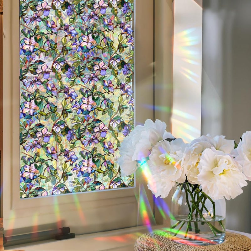 Yeysynana Window Film, Decorative Purple Flowers Stained Static Glass Window Clings Stickers for Home Office Living Room Bedroom Glass Windows Door Decor 16.93 x 39.37 Inches - Image 4