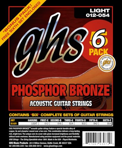 GHS Strings – Phosphor Bronze Acoustic Guitar Strings – Warm, Rich Tone, Balanced & Long-Lasting - For Acoustic, Fingerstyle, Strumming, Country, Rock, S325 Set (L) Light Gauge 13-56, 6 PACK - Image 1