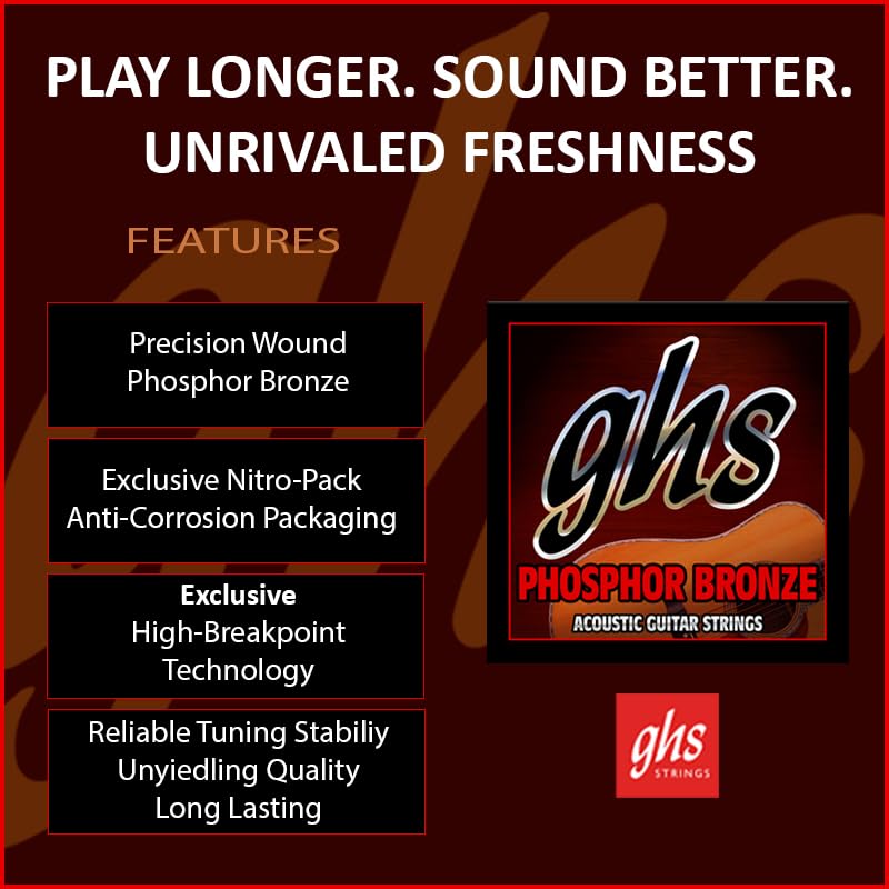 GHS Strings – Phosphor Bronze Acoustic Guitar Strings – Warm, Rich Tone, Balanced & Long-Lasting - For Acoustic, Fingerstyle, Strumming, Country, Rock, S325 Set (L) Light Gauge 13-56, 6 PACK - Image 2