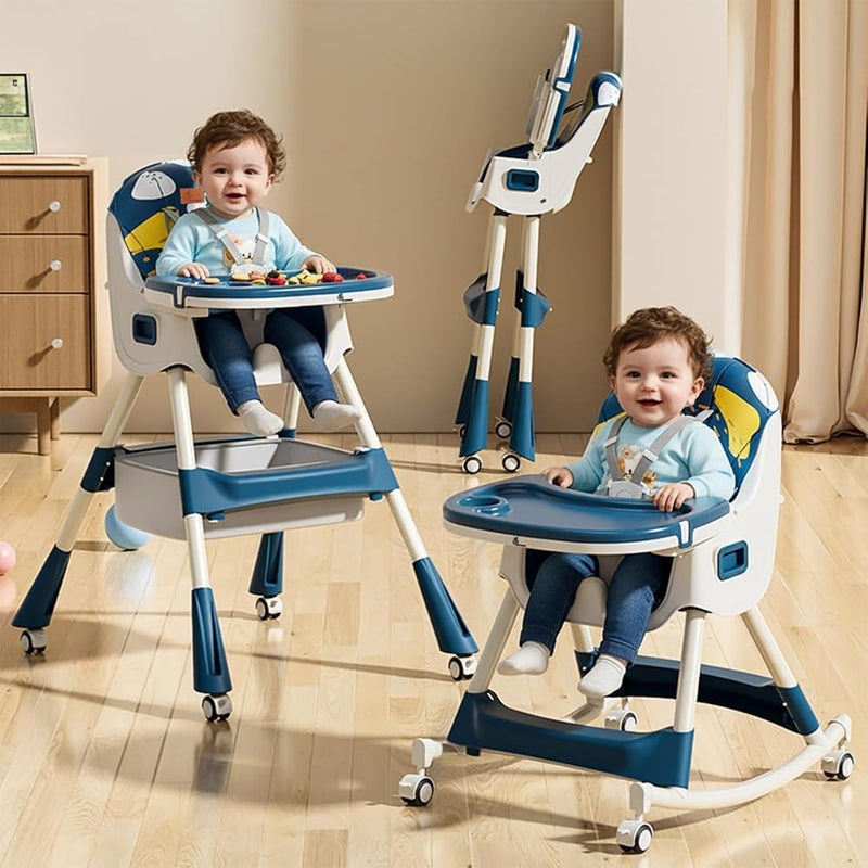 R for Rabbit Sugar Doodle Plus High Chair for Baby 3-in-1 Convertible Rocking Chair, Smart & Compact Fold with Dual Detachable Meal Tray for 6 Months to 5 Years Kids (Indigo Dye) - Image 1