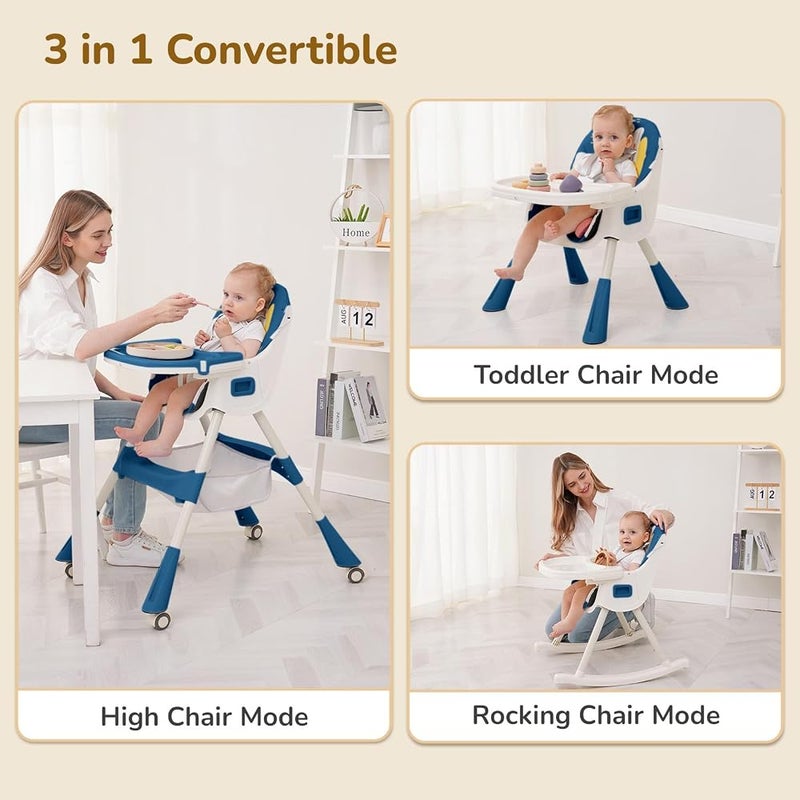 R for Rabbit Sugar Doodle Plus High Chair for Baby 3-in-1 Convertible Rocking Chair, Smart & Compact Fold with Dual Detachable Meal Tray for 6 Months to 5 Years Kids (Indigo Dye) - Image 2
