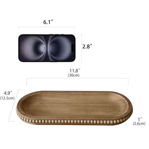 dwellington Wooden Farmhouse Decorative Tray, 11.8in Rustic Beaded Tray for Living Room Decor, Kitchen Table Décor, Oval Coffee Table Serving Tray (Natural) - Image 4