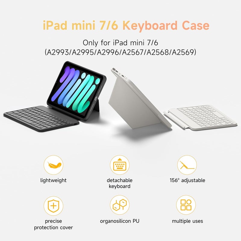هوو حافظة لوحة مفاتيح HOU لجهاز iPad Mini 7/6، حامل قابل للتعديل بزاوية 156 درجة، حافظة حماية كاملة قابلة للفصل لجهاز iPad Mini 7/6، 11 مفتاح اختصار، إضاءة خلفية بـ 7 ألوان، سيليكون PU، متعددة الوظائف، بلوتوث، تخطيط أمريكي - Image 2