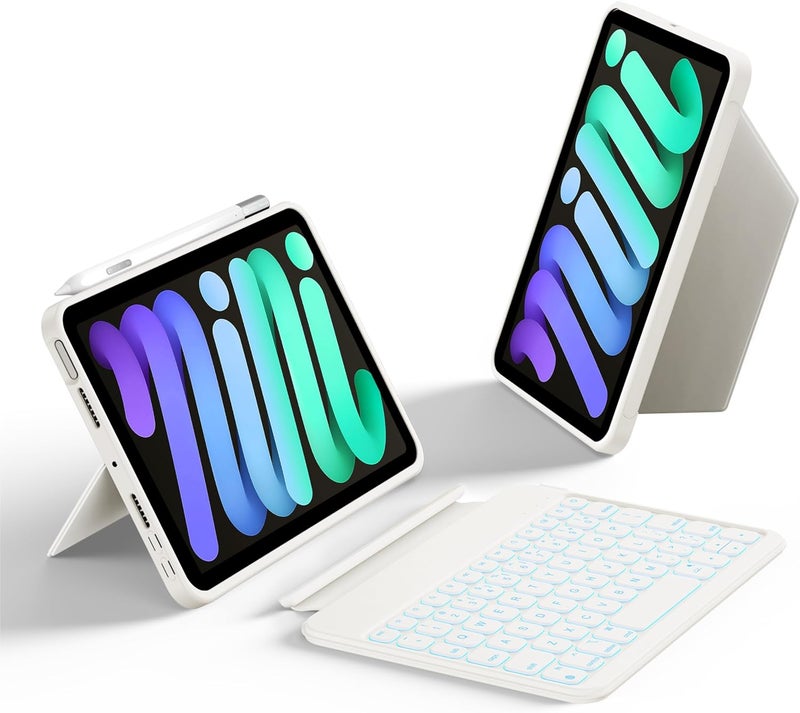 هوو حافظة لوحة مفاتيح HOU لجهاز iPad Mini 7/6، حامل قابل للتعديل بزاوية 156 درجة، حافظة حماية كاملة قابلة للفصل لجهاز iPad Mini 7/6، 11 مفتاح اختصار، إضاءة خلفية بـ 7 ألوان، سيليكون PU، متعددة الوظائف، بلوتوث، تخطيط أمريكي - Image 1