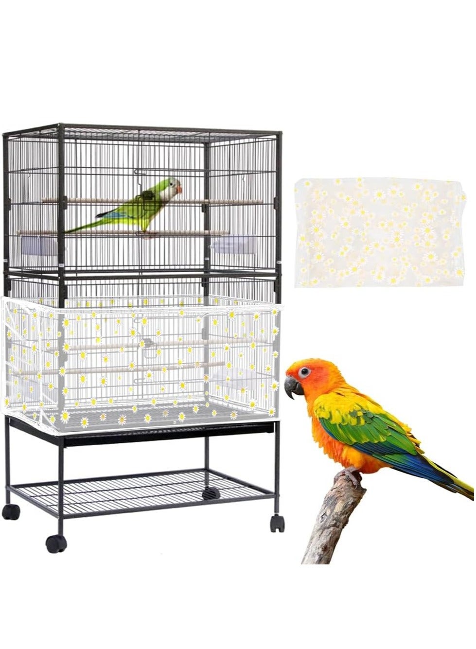 Bird Cage Seed Catcher, Large Bird Cage Cover, Adjustable Soft Nylon Mesh Net with Daisy Pattern, Birdcage Cover Skirt Seed Guard for Parrot Parakeet Macaw Round Square Cages, Prevent Scatter and Mess