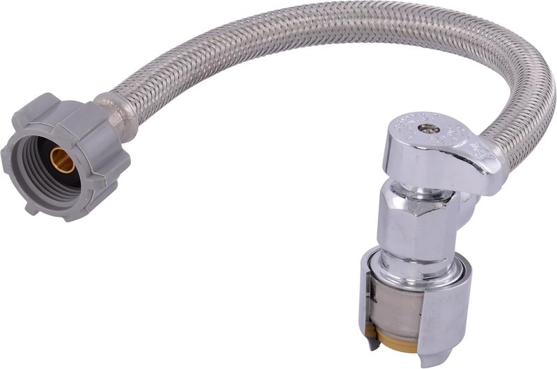 SharkBite Max 12 In. Stainless Steel Braided Toilet Connector with Angle Stop Valve, 1/2 Inch PTC x 7/8 Inch Ballcock, PEX Pipe, Copper, CPVC, PE-RT, HDPE, UR24656 - Image 1