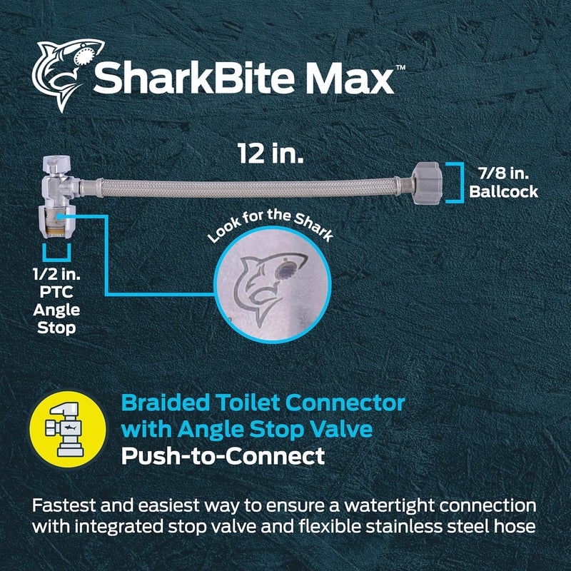 SharkBite Max 12 In. Stainless Steel Braided Toilet Connector with Angle Stop Valve, 1/2 Inch PTC x 7/8 Inch Ballcock, PEX Pipe, Copper, CPVC, PE-RT, HDPE, UR24656 - Image 2