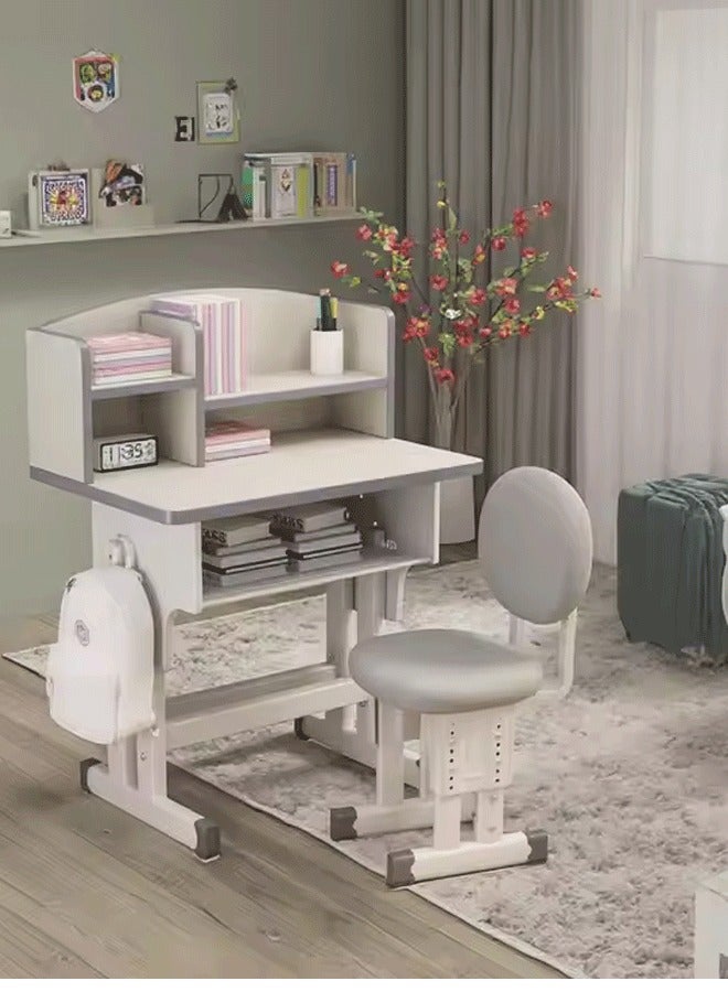 Reelyo Kids' Study Desk Chair Sets, Adjustable Height, Ergonomic Design, with Large Storage Drawer and Bookshelf, Grey - Image 1