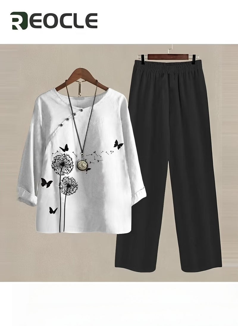REOCLE Women's Sportswear Suit Spring and Summer Cotton and Linen Two-piece Set 1/2 Sleeve T-shirt Pants Women's Pajamas Fitness Women's High-waisted Loose Suit - Image 2