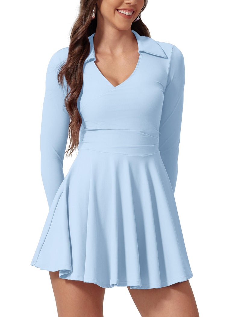 AGYMNX Tennis Dress for Women Long Sleeve Athletic Dress with Built in Shorts Golf Dress Workout Dresses with Pockets Light Blue - Image 1