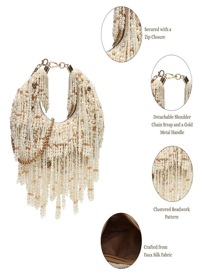 Anekaant Fringe Flirt Off White Ivory Embellished Clutch For Ladies | Ethnic Faux Silk Purse for Wedding & Festive - Image 3