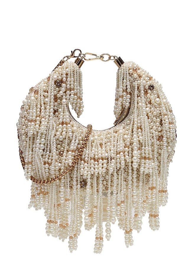 Anekaant Fringe Flirt Off White Ivory Embellished Clutch For Ladies | Ethnic Faux Silk Purse for Wedding & Festive - Image 1