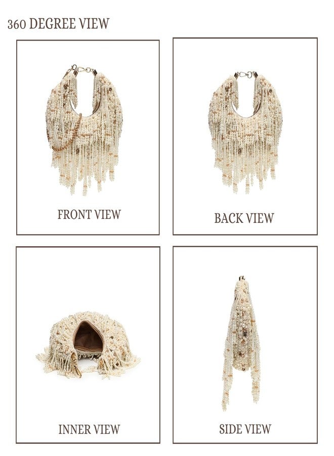 Anekaant Fringe Flirt Off White Ivory Embellished Clutch For Ladies | Ethnic Faux Silk Purse for Wedding & Festive - Image 4