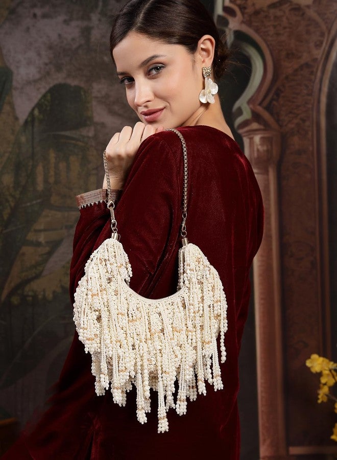 Anekaant Fringe Flirt Off White Ivory Embellished Clutch For Ladies | Ethnic Faux Silk Purse for Wedding & Festive - Image 2