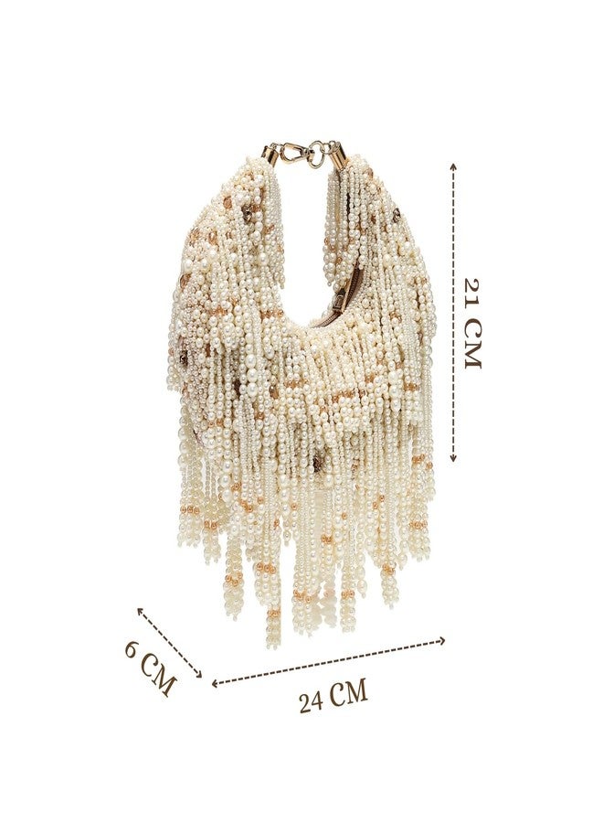 Anekaant Fringe Flirt Off White Ivory Embellished Clutch For Ladies | Ethnic Faux Silk Purse for Wedding & Festive - Image 5