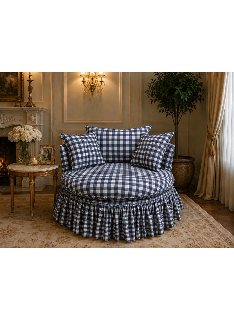 Luxury Round Lounge Chair with Blue & White Gingham Fabric – Modern Upholstered Accent Chair with Cushions for Living Room & Bedroom – Available in Multiple Sizes - Image 1
