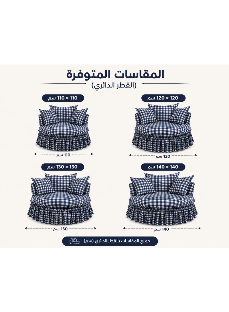 Luxury Round Lounge Chair with Blue & White Gingham Fabric – Modern Upholstered Accent Chair with Cushions for Living Room & Bedroom – Available in Multiple Sizes - Image 2