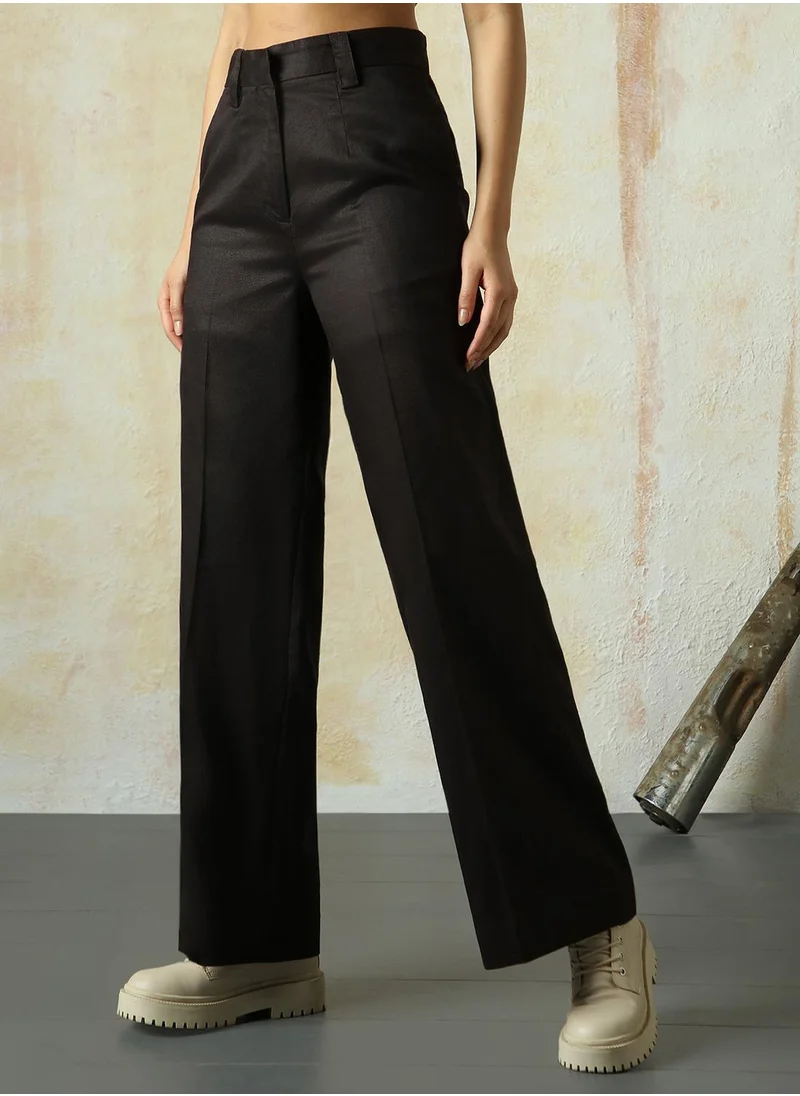 HIGH STAR Women's Black Cotton Blend Solid Full Length Chinos Wide Leg Trouser