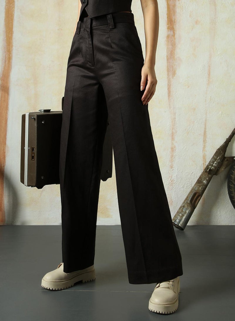HIGH STAR Women's Black Cotton Blend Solid Full Length Chinos Wide Leg Trouser  - Image 5