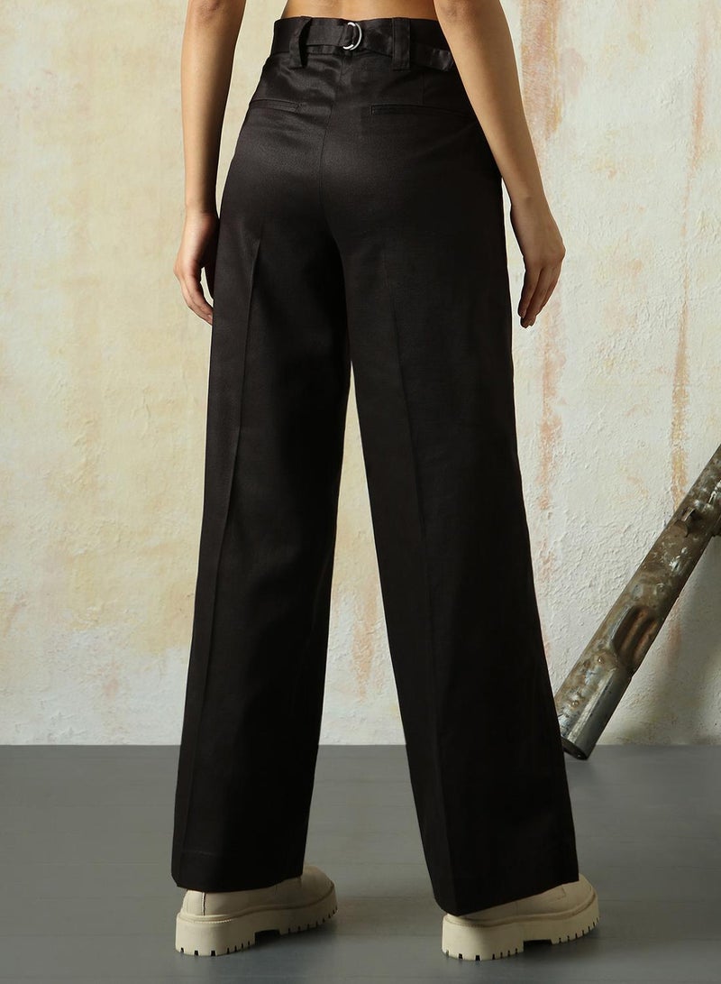 HIGH STAR Women's Black Cotton Blend Solid Full Length Chinos Wide Leg Trouser  - Image 3