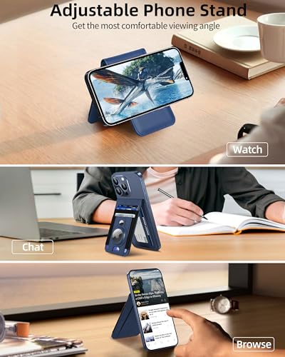 ExtreLife For Magsafe Wallet Stand with Airtag Holder, Strongest Magnetic Phone Wallet for iPhone 17/16/15/14/13/12 Series, ID Window, 4 Card Slots, 10 Cards Holder, Vegan Leather, RFID Blocking, Navy Blue - Image 3
