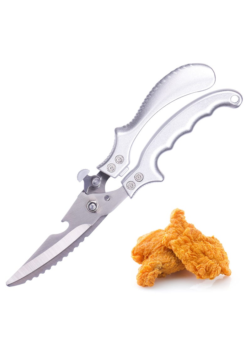 Heavy Duty Poultry Shears with Built-In Spring, Sharp Stainless Steel Kitchen Scissors with Safety Lock, Multifunctional Cooking Shears for Chicken, Turkey, Seafood, and Fish - Silver