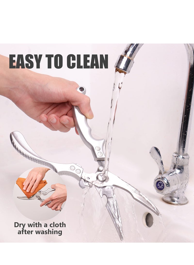Heavy Duty Poultry Shears with Built-In Spring, Sharp Stainless Steel Kitchen Scissors with Safety Lock, Multifunctional Cooking Shears for Chicken, Turkey, Seafood, and Fish - Silver