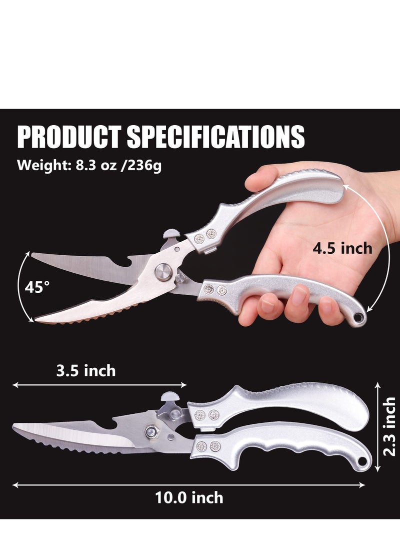 Heavy Duty Poultry Shears with Built-In Spring, Sharp Stainless Steel Kitchen Scissors with Safety Lock, Multifunctional Cooking Shears for Chicken, Turkey, Seafood, and Fish - Silver