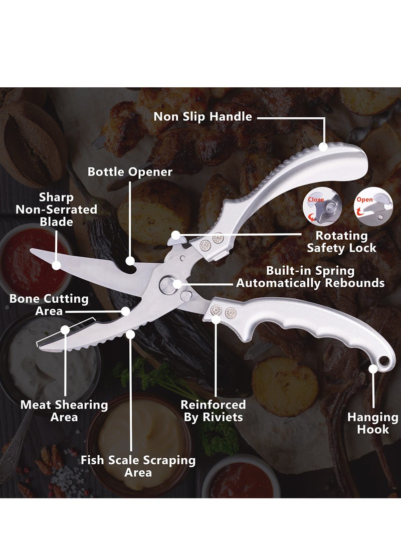 Heavy Duty Poultry Shears with Built-In Spring, Sharp Stainless Steel Kitchen Scissors with Safety Lock, Multifunctional Cooking Shears for Chicken, Turkey, Seafood, and Fish - Silver