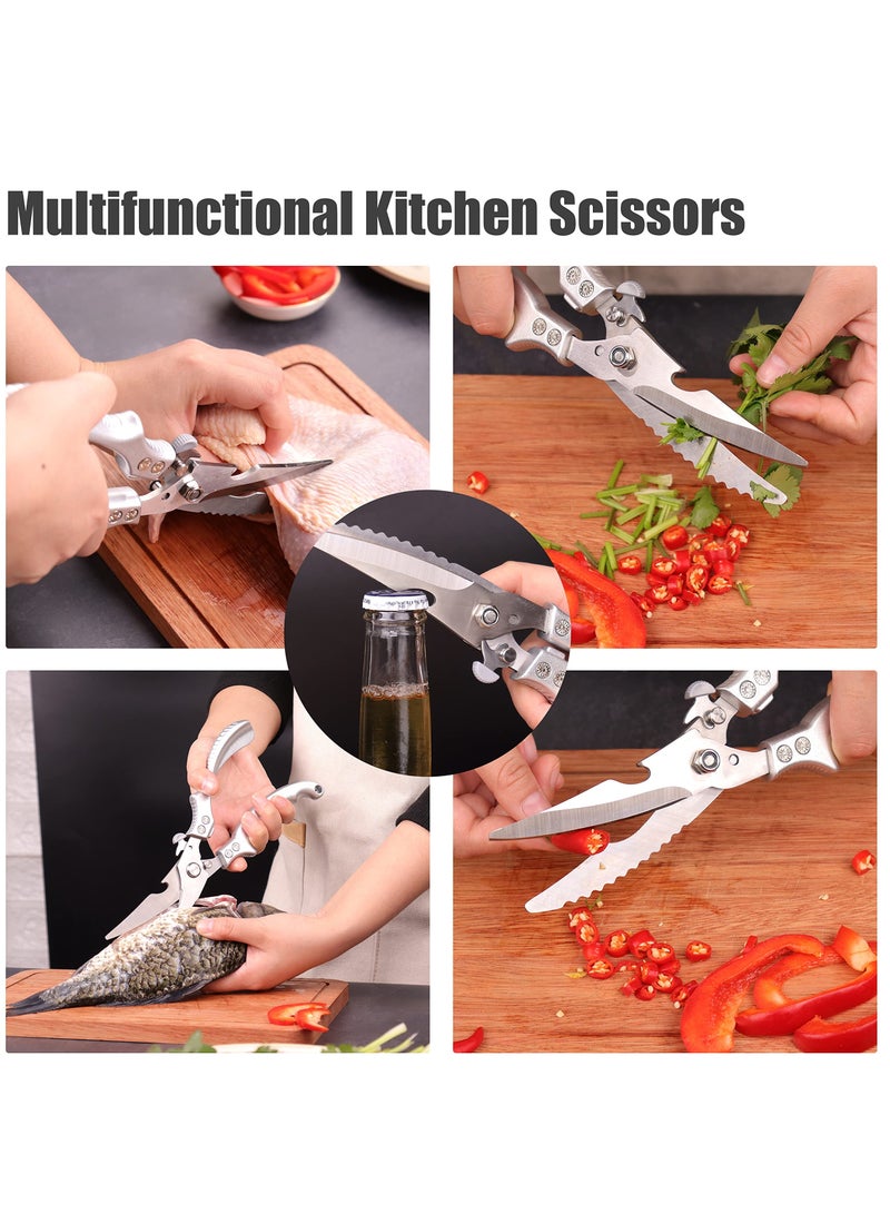 Heavy Duty Poultry Shears with Built-In Spring, Sharp Stainless Steel Kitchen Scissors with Safety Lock, Multifunctional Cooking Shears for Chicken, Turkey, Seafood, and Fish - Silver