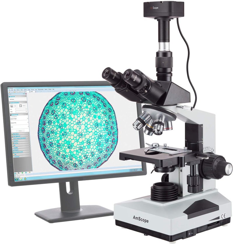 AmScope AmScope T490B5MT Digital Compound Trinocular Microscope WF10x and WF20x Eyepieces 40X2000X Magnification Brightfield Halogen Illumination Abbe Condenser DoubleLayer Mechanical Stage Sliding Head HighResolution Optics Includes 5MP Camera with Reduction Lens and Software  - Image 2