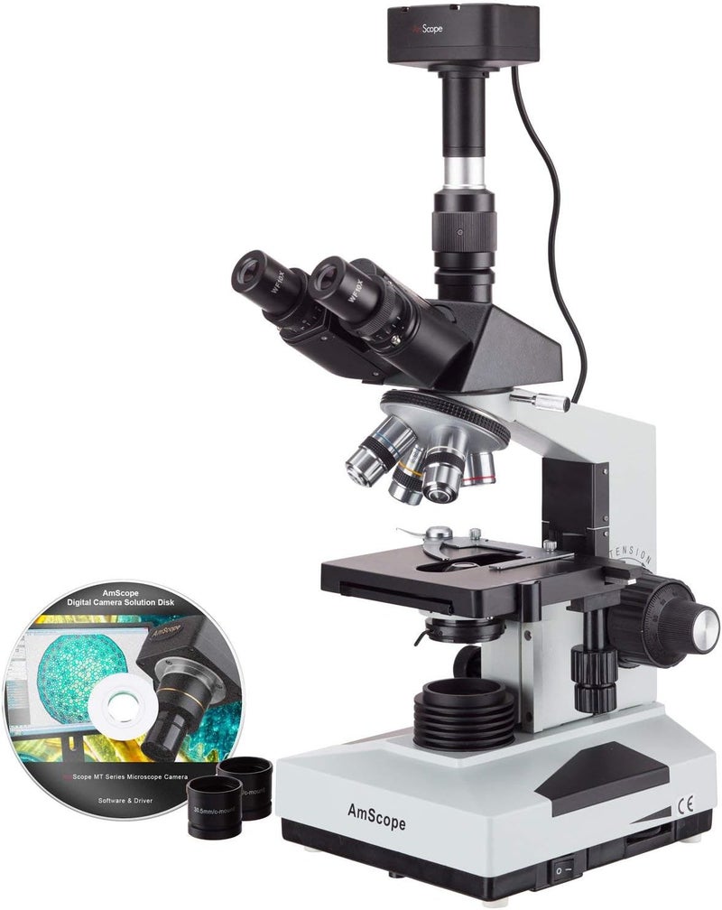 AmScope AmScope T490B5MT Digital Compound Trinocular Microscope WF10x and WF20x Eyepieces 40X2000X Magnification Brightfield Halogen Illumination Abbe Condenser DoubleLayer Mechanical Stage Sliding Head HighResolution Optics Includes 5MP Camera with Reduction Lens and Software  - Image 1