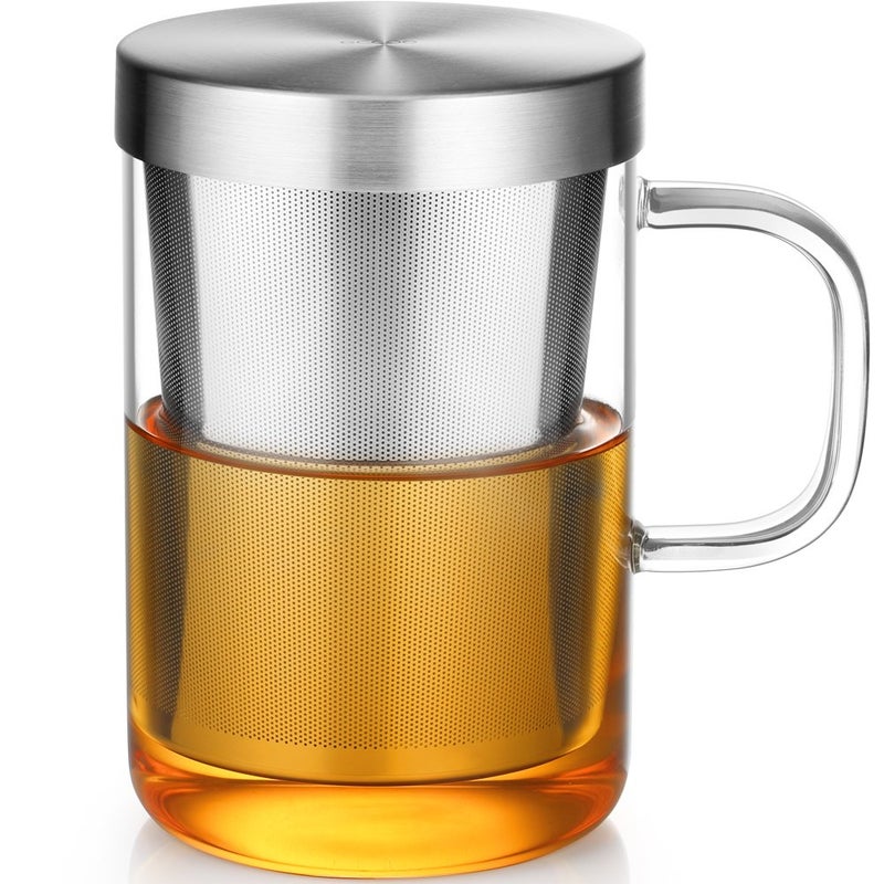 ecooe ecooe 169 Oz Borosilicate Glass Tea Mug Cup Tea Glasses with Stainless Steel Infuser  Lid Loose Leaf Glass Tea Cup Teacup 430mLUse Capacity 