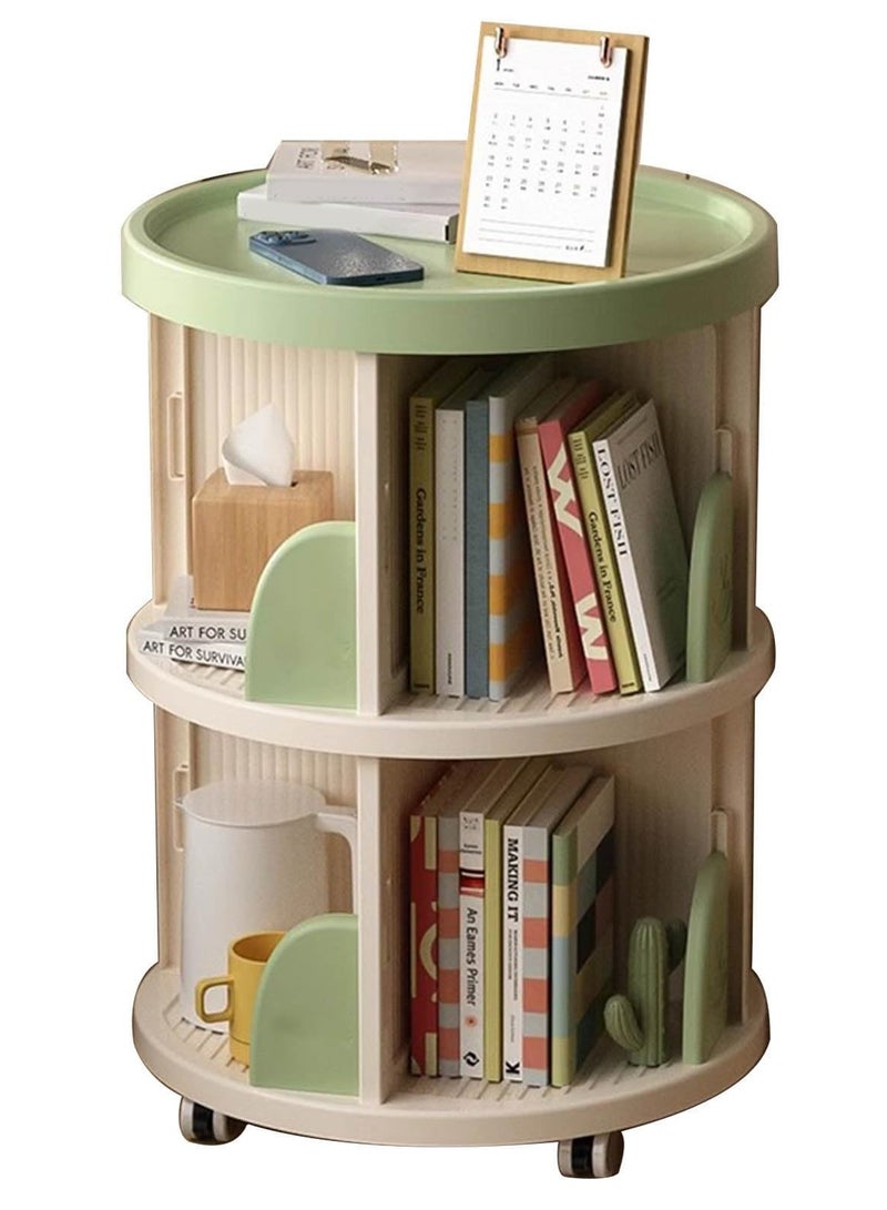 شو وو خزانة كتب دوارة بطابقين، رف تخزين لعرض الكتب، مناسب للمساحات الصغيرة، وحدة رفوف زاوية لغرفة النوم وغرفة المعيشة مزودة بعجلات، تصميم دوار 360 درجة، لون أخضر. - Image 2