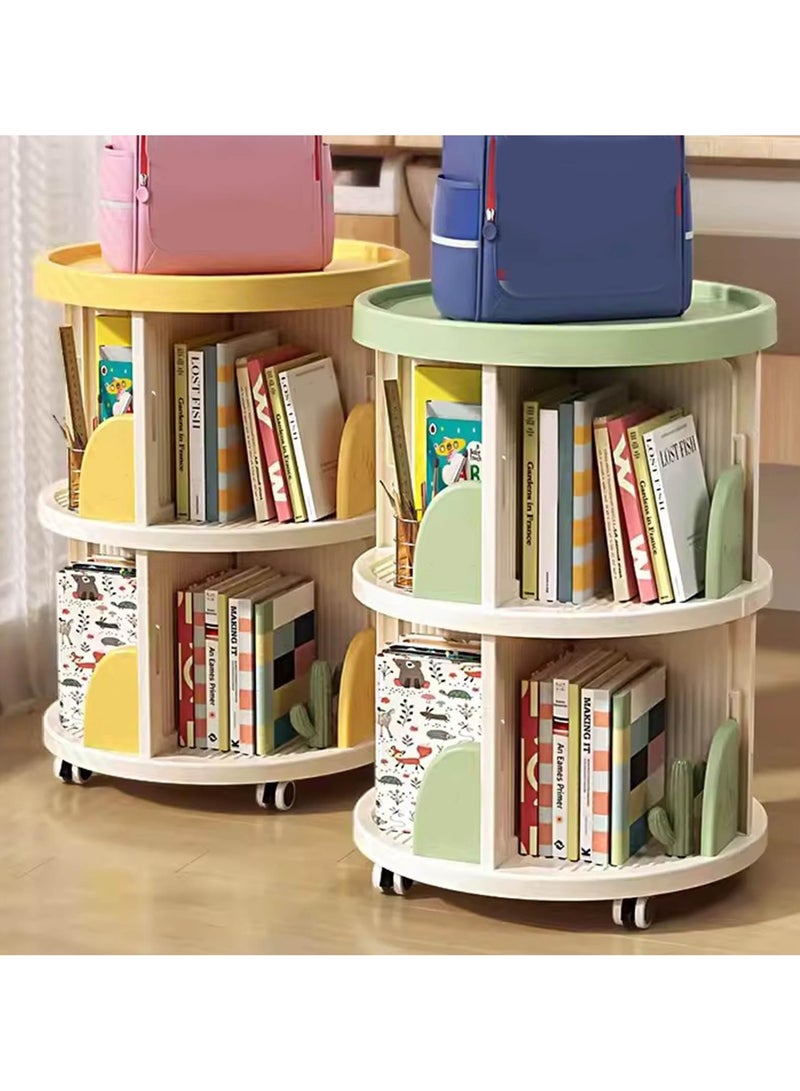 شو وو خزانة كتب دوارة بطابقين، رف تخزين لعرض الكتب، مناسب للمساحات الصغيرة، وحدة رفوف زاوية لغرفة النوم وغرفة المعيشة مزودة بعجلات، تصميم دوار 360 درجة، لون أخضر. - Image 3