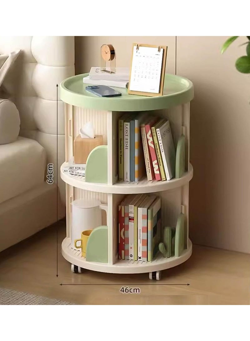 شو وو خزانة كتب دوارة بطابقين، رف تخزين لعرض الكتب، مناسب للمساحات الصغيرة، وحدة رفوف زاوية لغرفة النوم وغرفة المعيشة مزودة بعجلات، تصميم دوار 360 درجة، لون أخضر. - Image 4