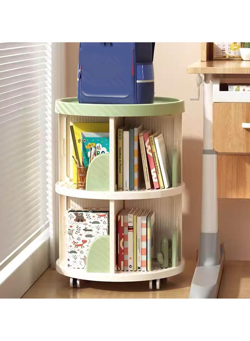 شو وو خزانة كتب دوارة بطابقين، رف تخزين لعرض الكتب، مناسب للمساحات الصغيرة، وحدة رفوف زاوية لغرفة النوم وغرفة المعيشة مزودة بعجلات، تصميم دوار 360 درجة، لون أخضر. - Image 5